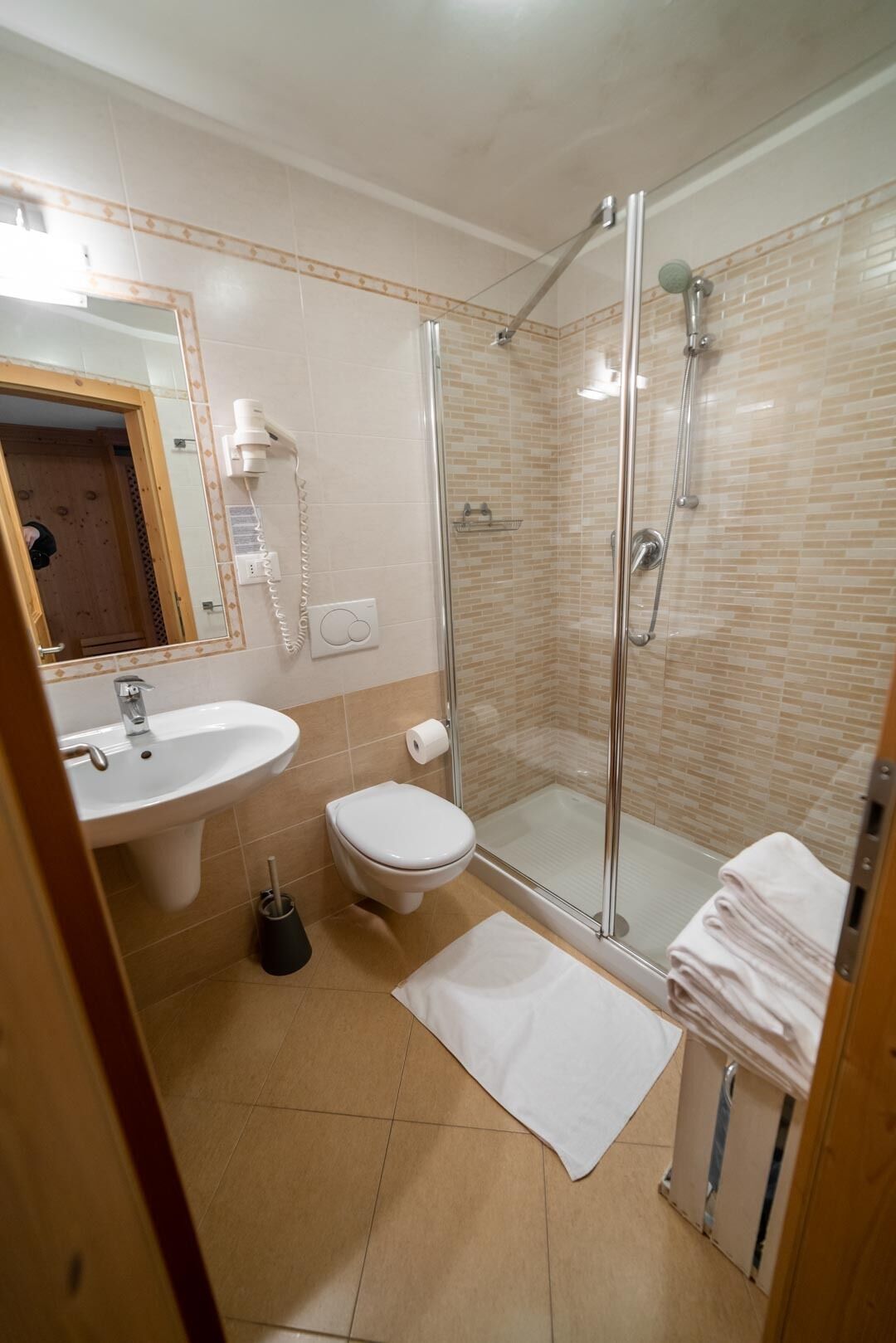 A bathroom with a glass-enclosed shower, a sink, a toilet, and a mirror.