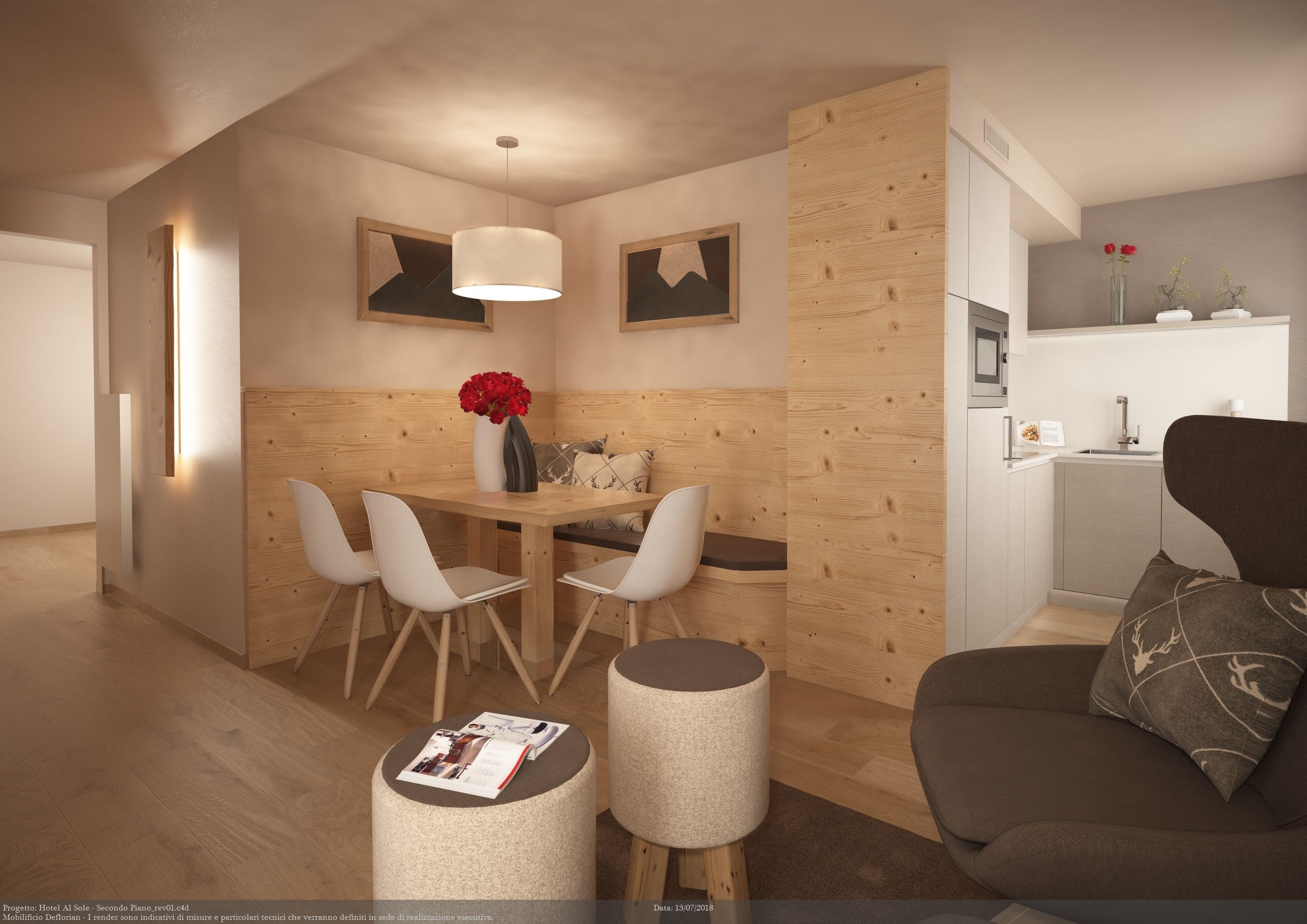 Une chambre d’hôtel moderne avec un mur d’accent en bois, un coin repas avec une table et des chaises, un canapé et un petit coin cuisine.