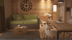 A modern living room with a wooden wall, a green sofa, a wooden coffee table, and a dining area with a wooden table and chairs. - Al Sole Mountain Chic (Folgaria)
