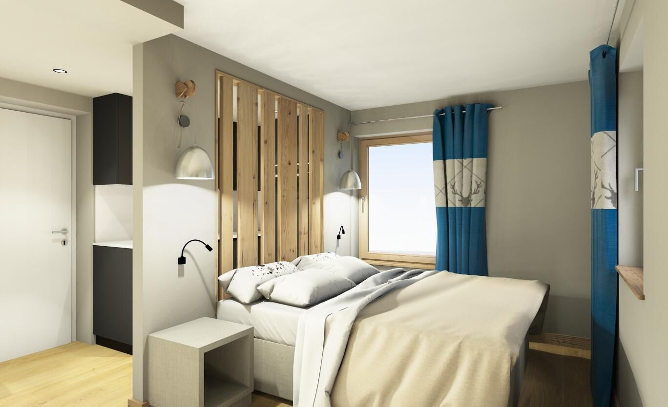 Ein modernes Schlafzimmer mit Bett, Nachttischen, einem Kleiderschrank und einem Fenster mit Vorhängen.