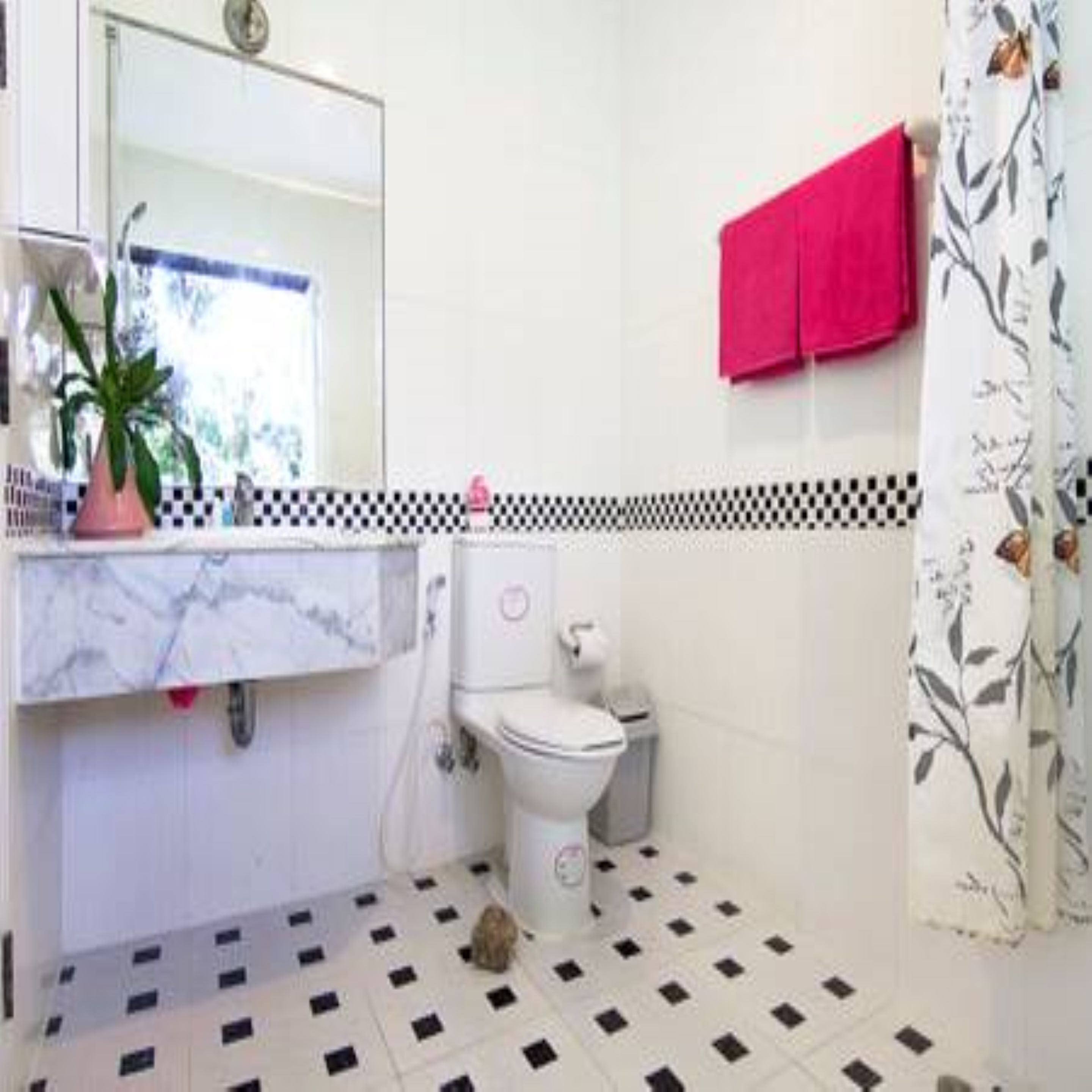 Une salle de bain avec des toilettes, un lavabo et un miroir. On y trouve une plante en pot et une serviette rose accrochée au mur.