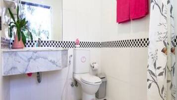 Une salle de bain avec des toilettes, un lavabo et un miroir. On y trouve une plante en pot et une serviette rose accrochée au mur.