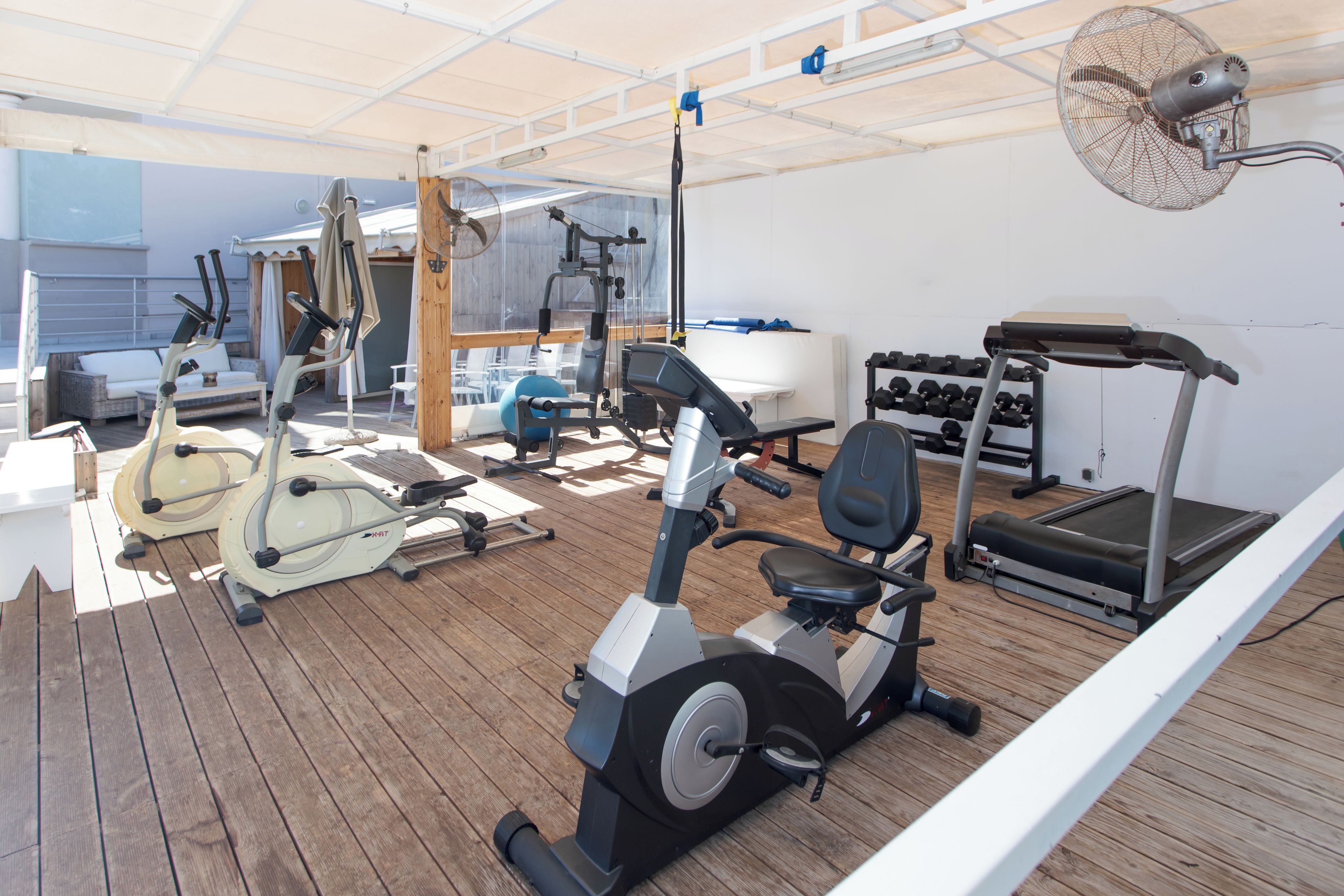 A gym with various exercise equipment including treadmills, stationary bikes, and weights.