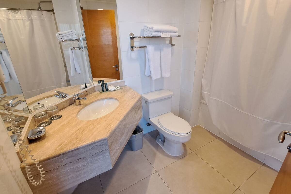 combined shower/bathtub, rainfall showerhead, free toiletries