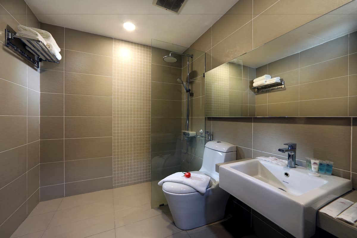 A modern bathroom with a shower, toilet, and sink.