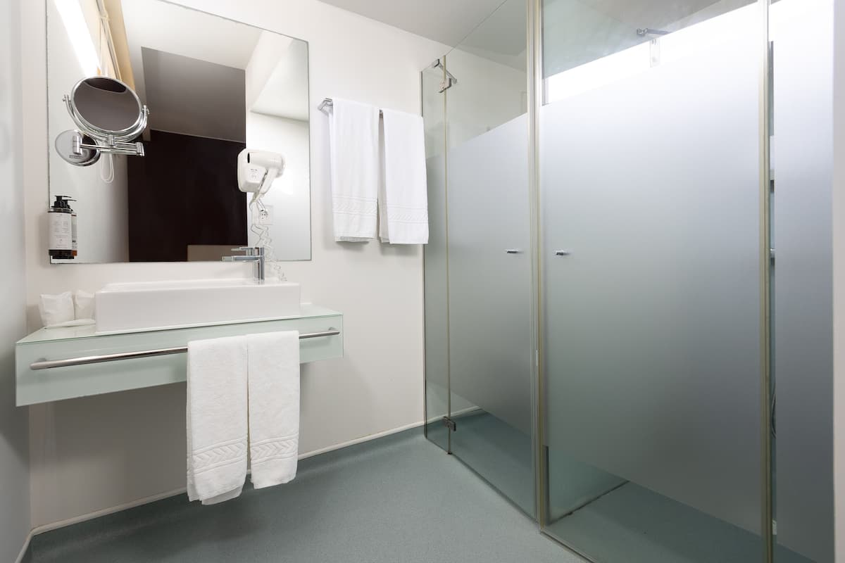 Standard-Zweibettzimmer | Badezimmer | Dusche, Regendusche, kostenlose Toilettenartikel, Haartrockner