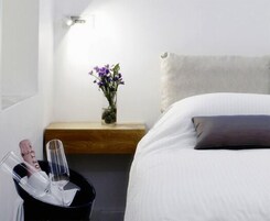 Habitación de hotel con una cama, una mesita de noche con un florero y un cubo de basura.