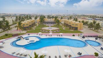 Outdoor pool, pool umbrellas, pool loungers