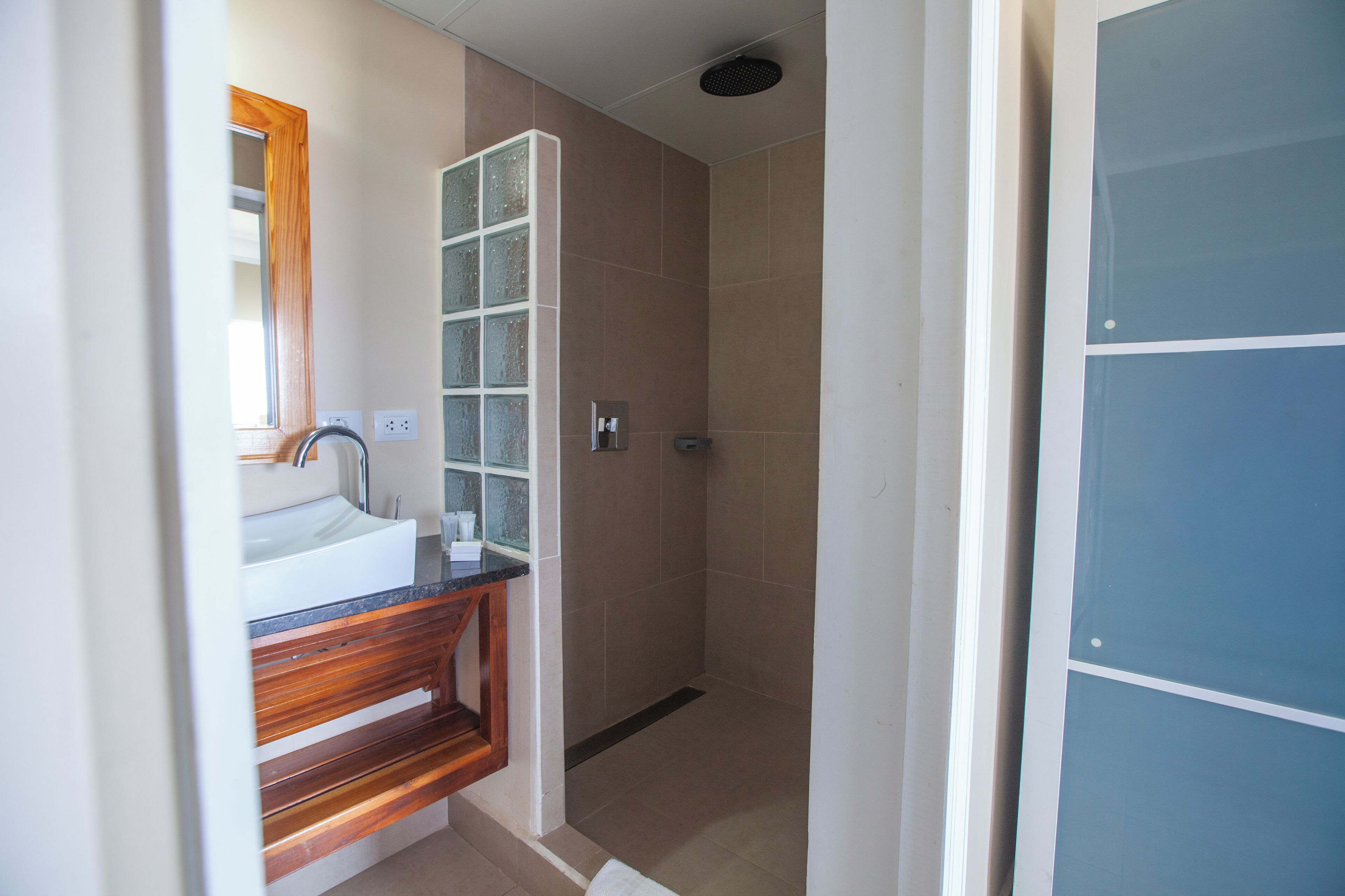 A bathroom with a sink, mirror, shower, and a door with frosted glass panels.