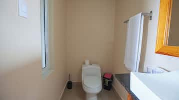 Une petite salle de bain avec des toilettes, une poubelle, une fenêtre et un lavabo.