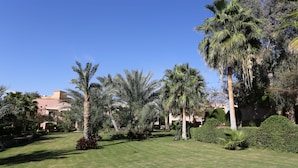 A well-maintained garden with palm trees and manicured lawns, likely part of a hotel or resort. - Tamra Beach Resort (Sharm El Sheikh)