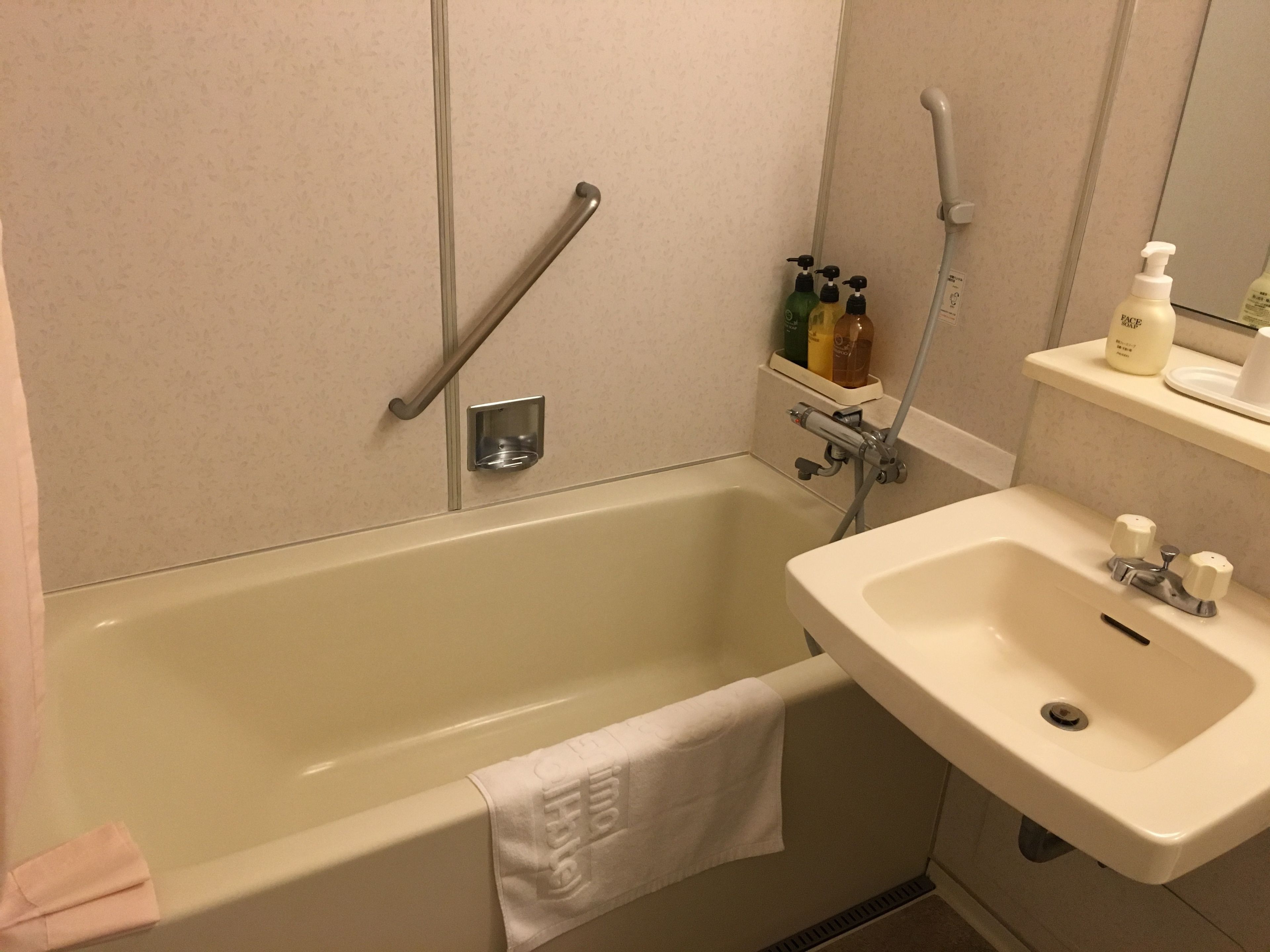 bathtub, free toiletries, hair dryer, slippers
