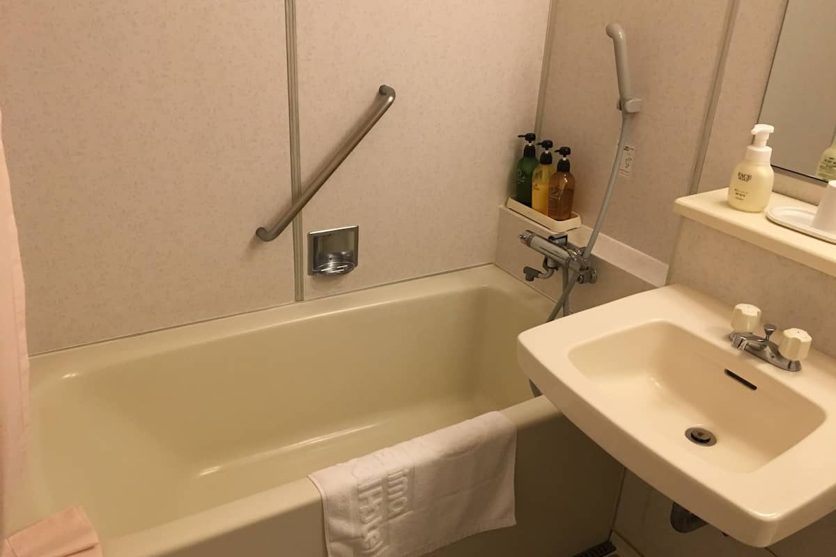 bathtub, free toiletries, hair dryer, slippers