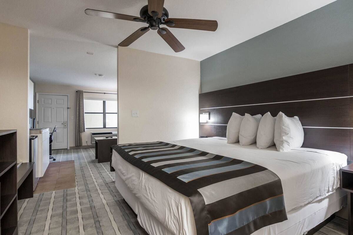 Une chambre d’hôtel équipée d’un lit, d’un bureau, d’une chaise, d’un ventilateur de plafond et d’une fenêtre.