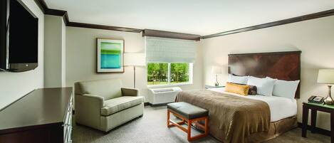 Una habitación de hotel con cama, una silla, un escritorio, televisor, ventana con vistas y una lámpara.