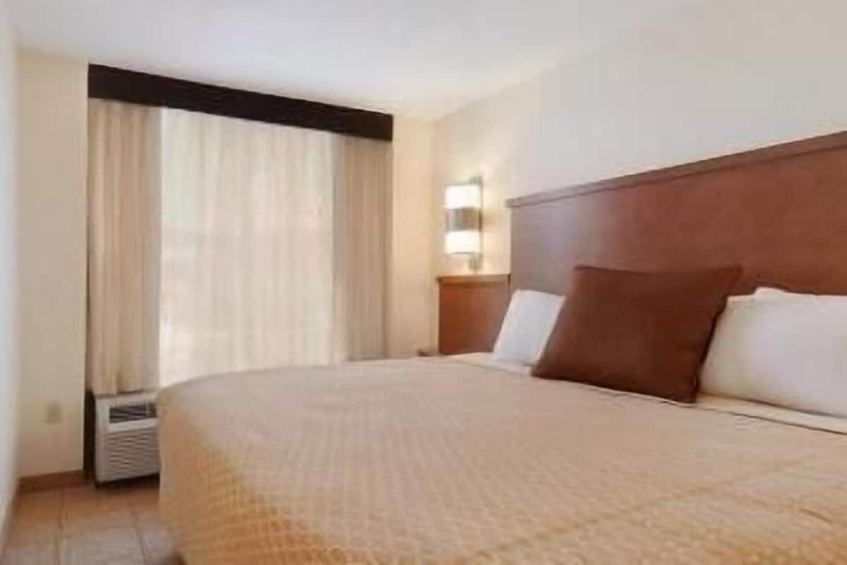 A hotel room with a bed, a nightstand, a lamp, and a window with curtains.