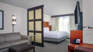 A hotel room with a bed, a sofa, a desk with a telephone, and a television.