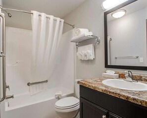 Un baño con ducha, inodoro, lavabo y espejo.