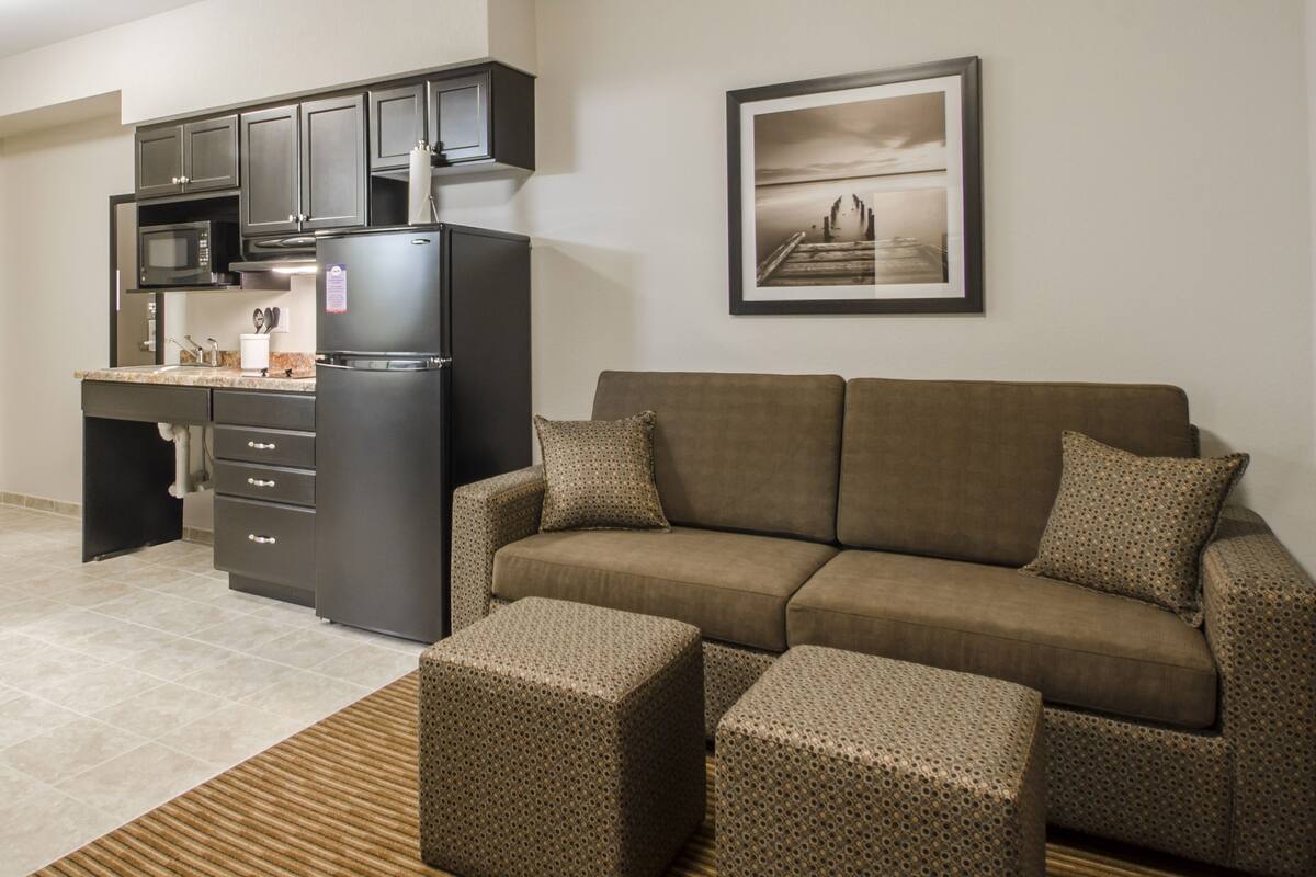 suite, 1 queen bed with sofa bed, non smoking | living room | 32-inch flat-screen tv with cable channels, tv