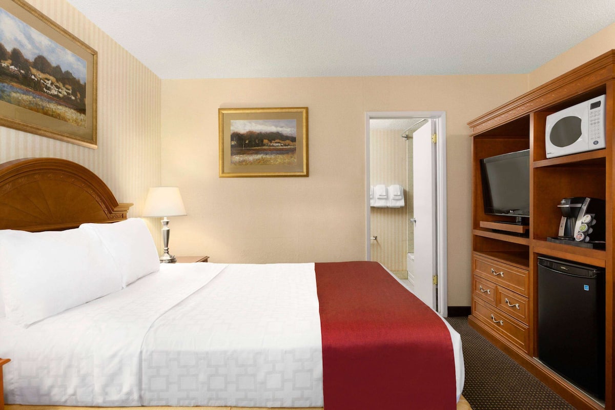 A hotel room with a bed, a television, a microwave, and a refrigerator.