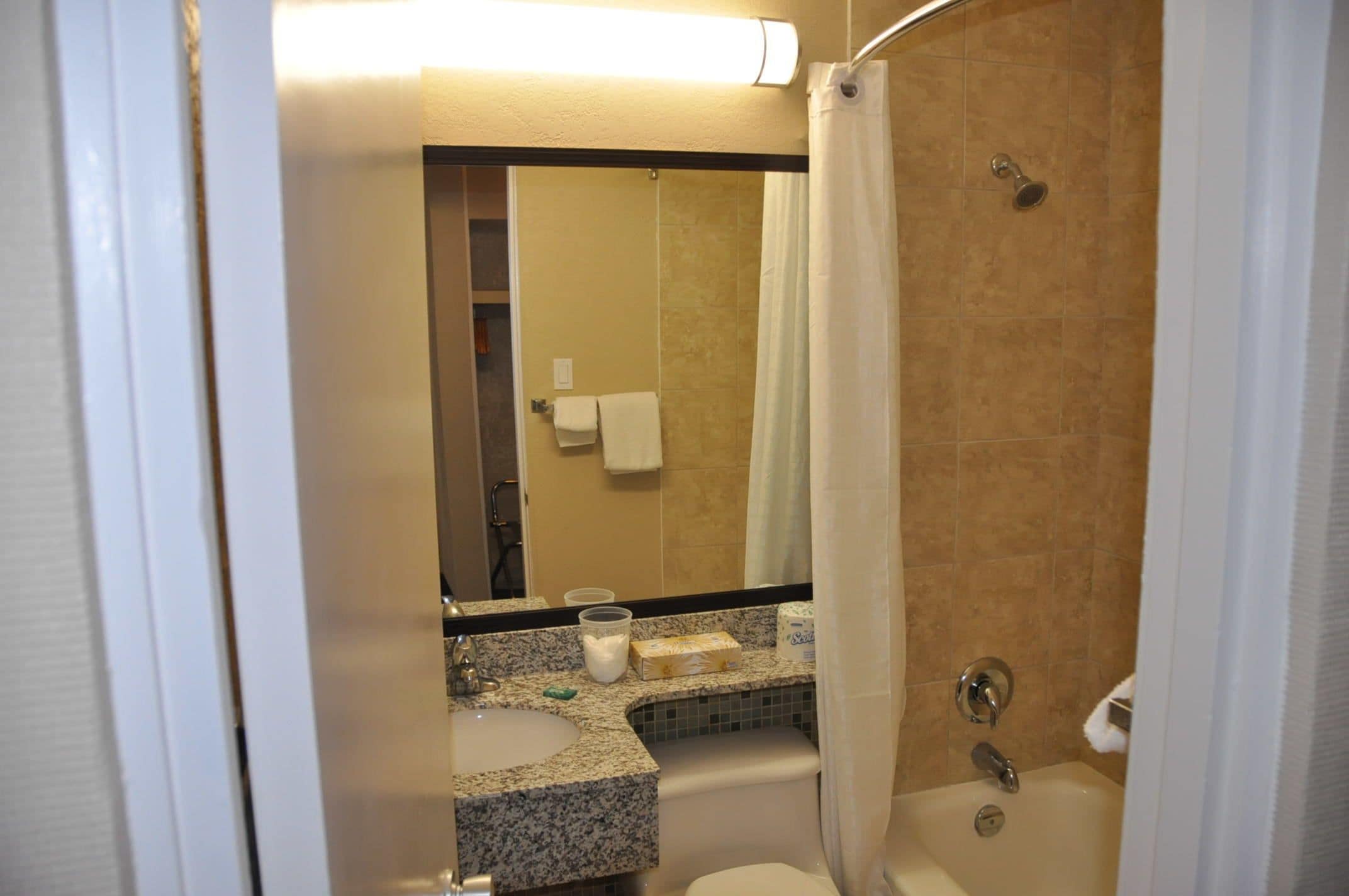 A bathroom with a shower, toilet, sink, and a mirror.