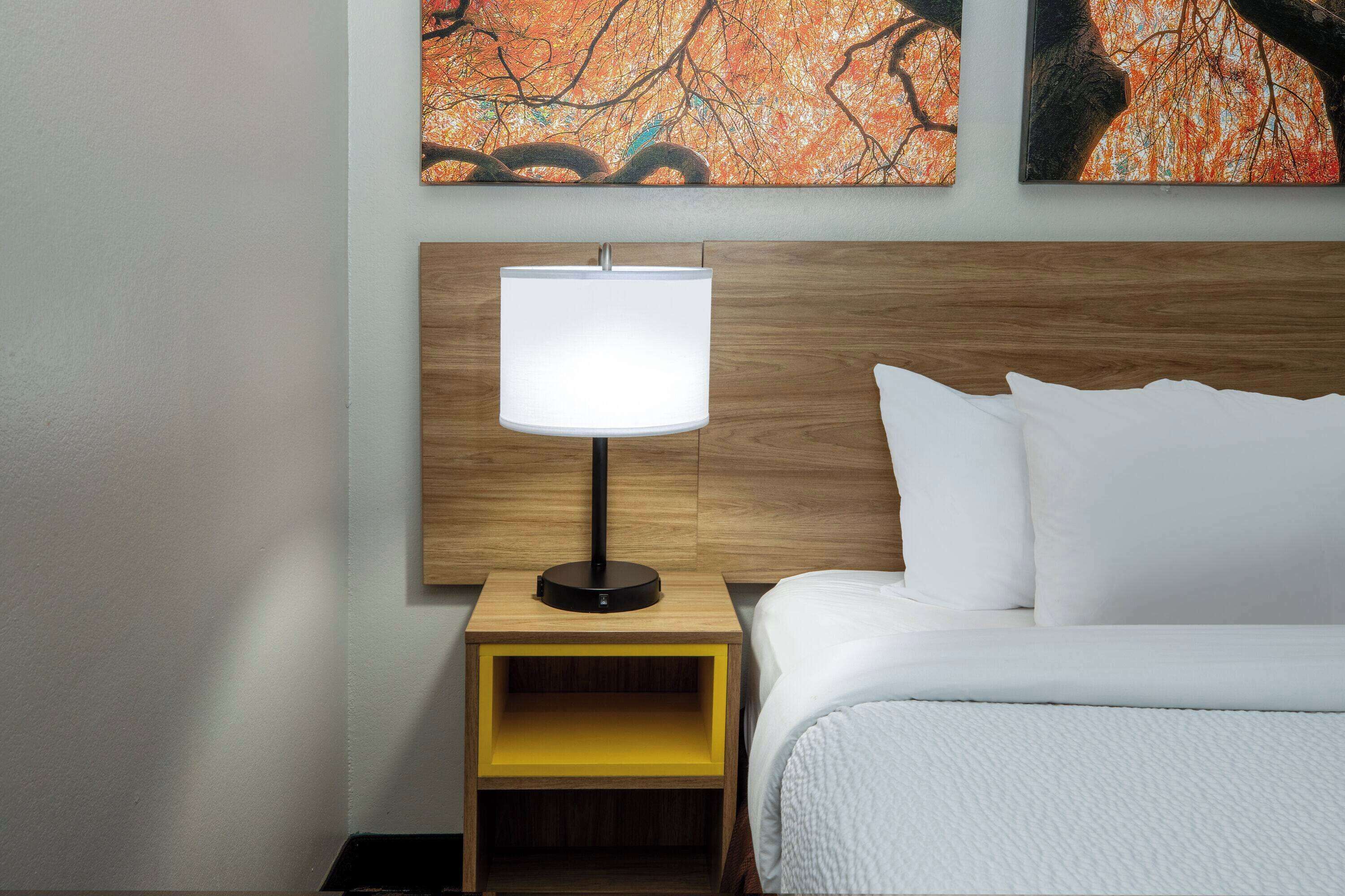 A neatly made bed with white linens, a bedside table with a lamp, and two abstract paintings on the wall.
