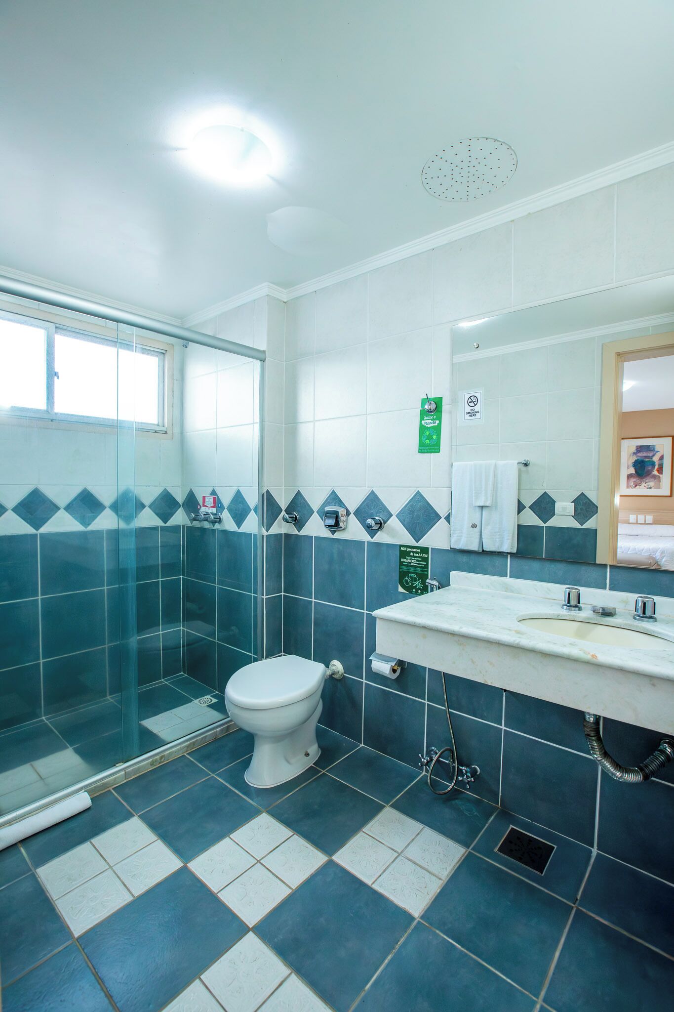 Une salle de bain avec douche, toilettes et lavabo.