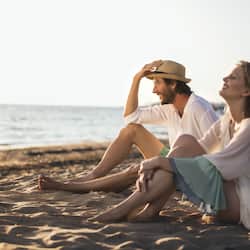 On the beach, sun-loungers, beach umbrellas, beach towels