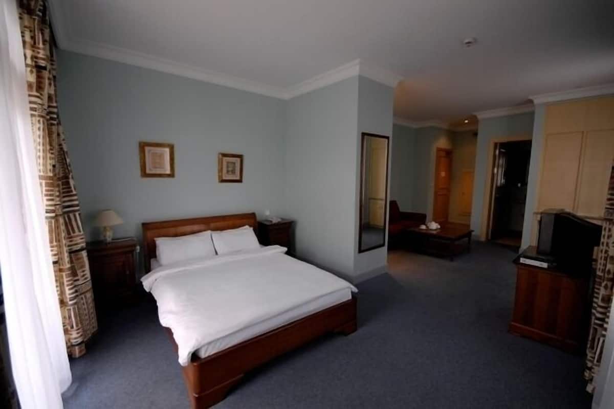 A hotel room with a large bed, a bedside table, a mirror, and a television.