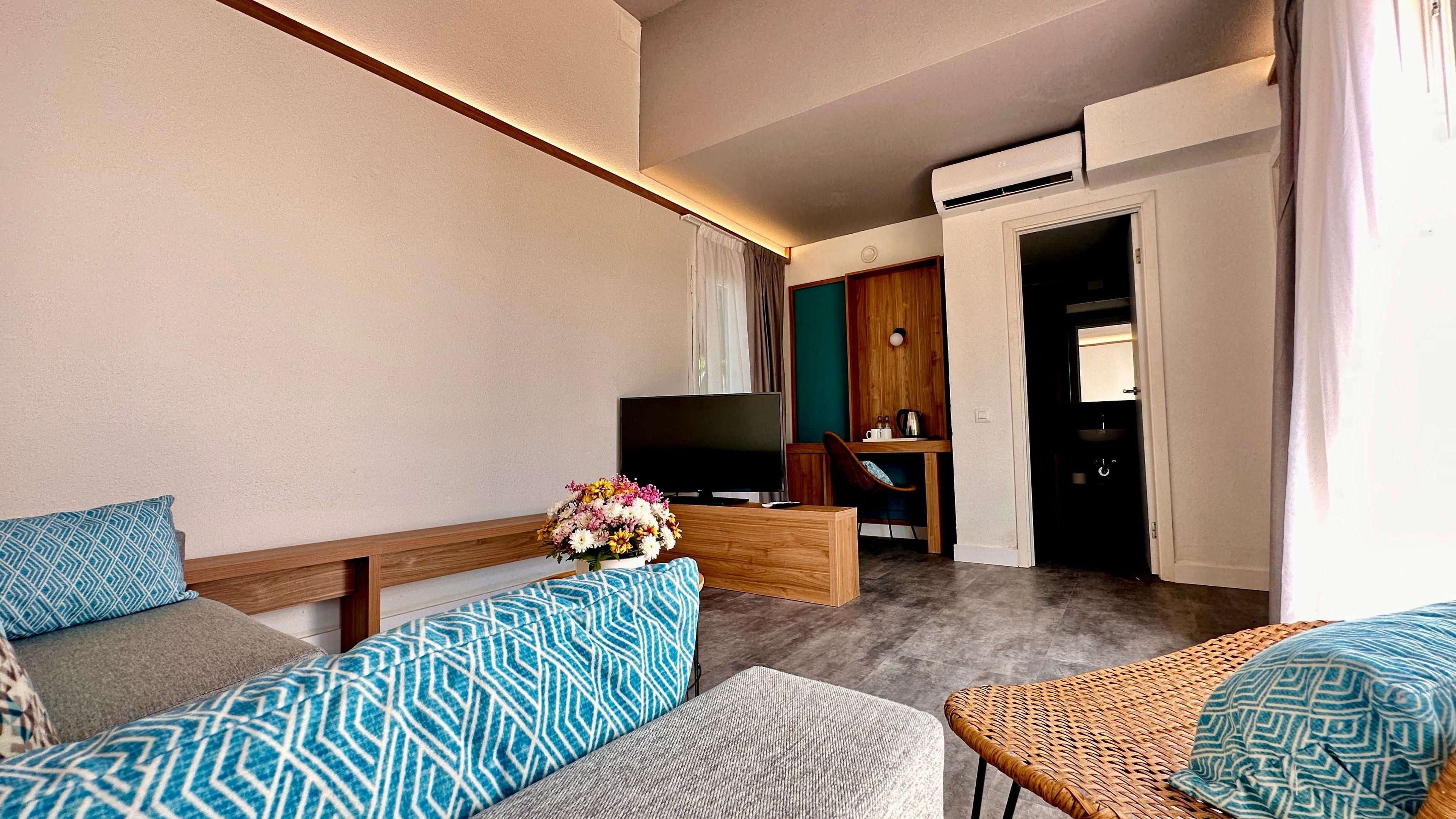 Een moderne hotelkamer met een bank, een tafeltje met een bloevas, een televisie en een kitchenette.