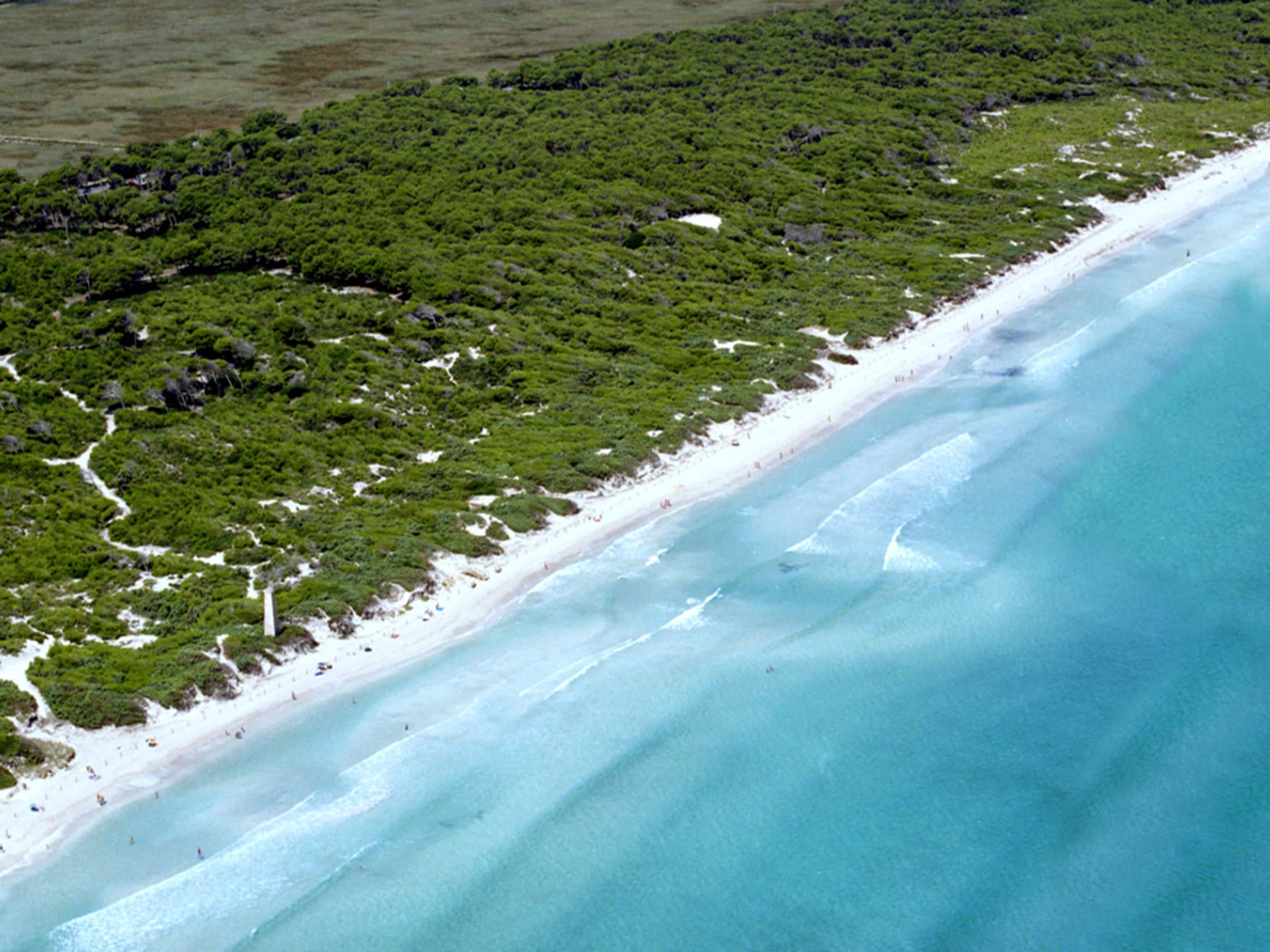 An aerial view of a beach with a long stretch of white sand and clear turquoise water.
