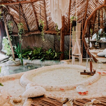 A spa area with a hot tub, seating, and plants.