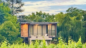A modern house with a glass facade, surrounded by lush greenery and trees. -  Finca Adalgisa Wine Hotel (Chacras de Coria)