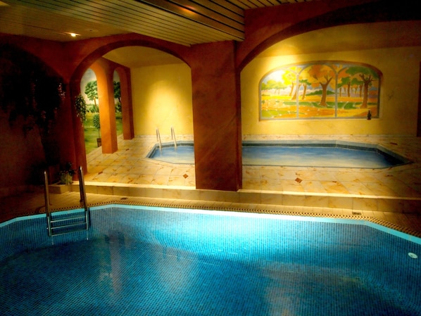 Indoor pool, open 8:00 AM to 9:00 PM, sun loungers