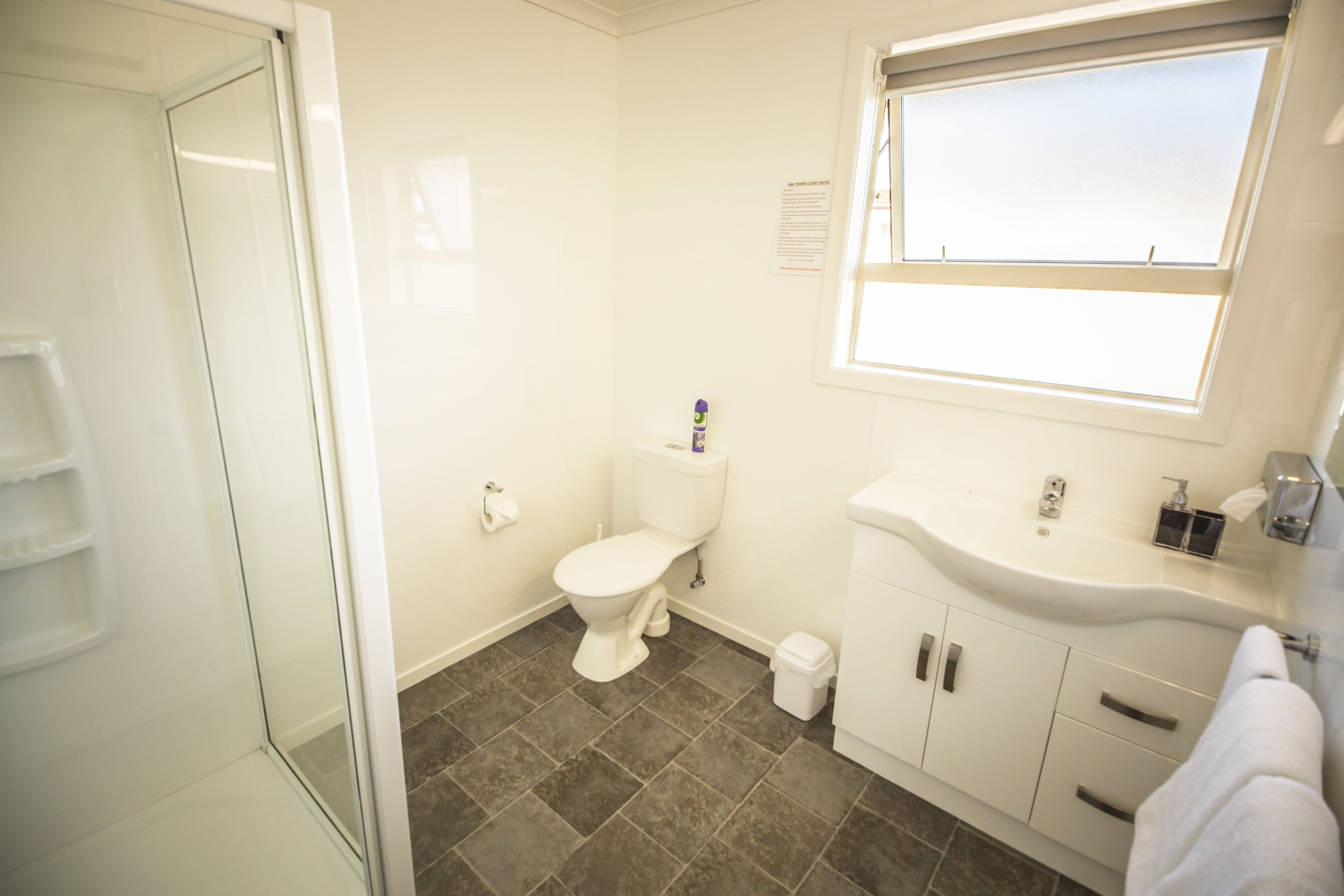 Ein Badezimmer mit Toilette, Waschbecken und Dusche.