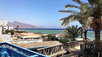 Vista costera con una terraza de madera, palmeras y una playa al fondo.