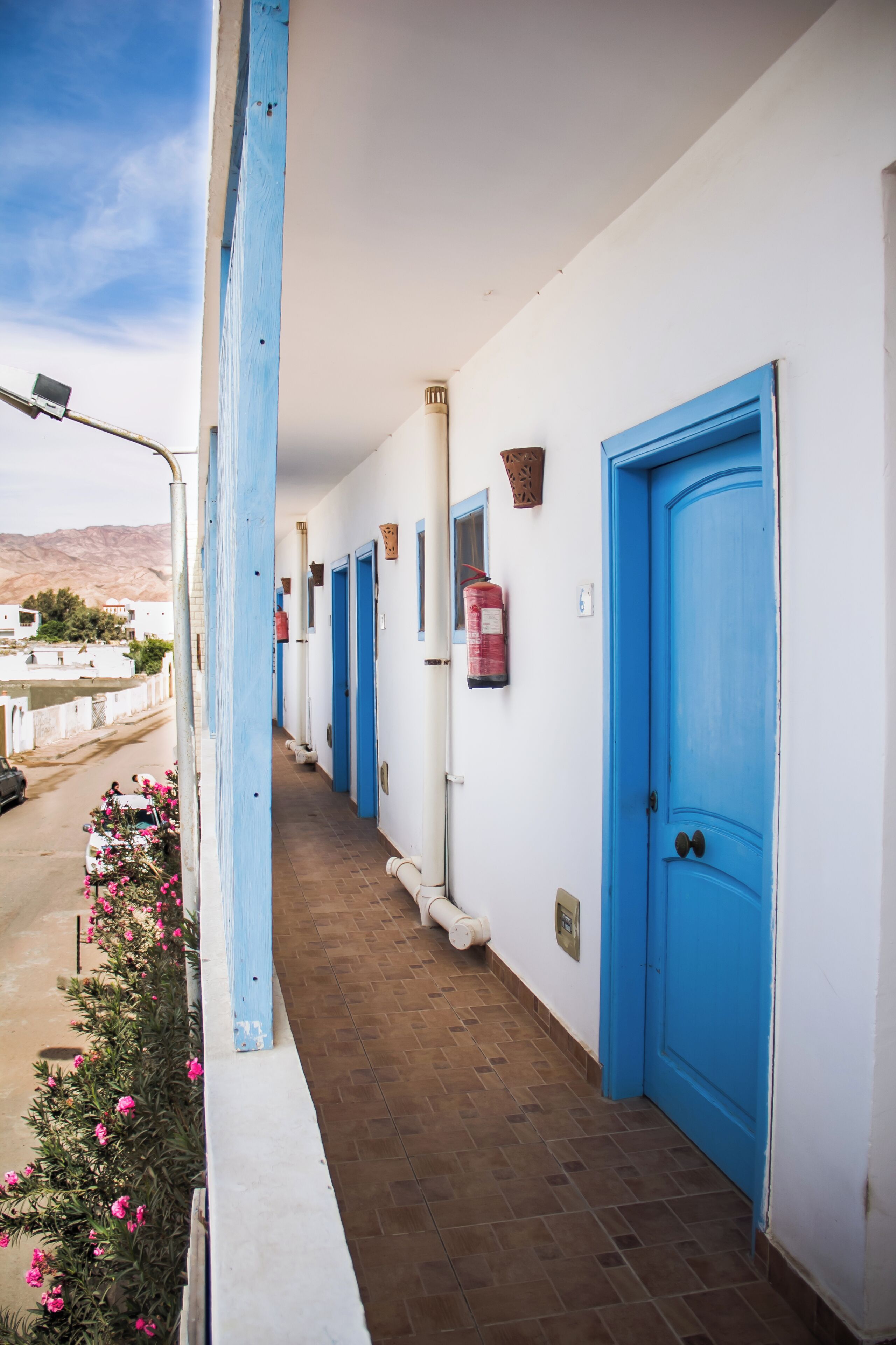A corridor with blue doors, a fire extinguisher, and a view of the street.