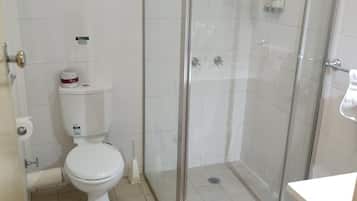 Une salle de bain comprenant des toilettes, une douche à parois de verre et un lavabo.