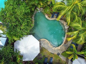 Una piscina al aire libre, sombrillas, tumbonas