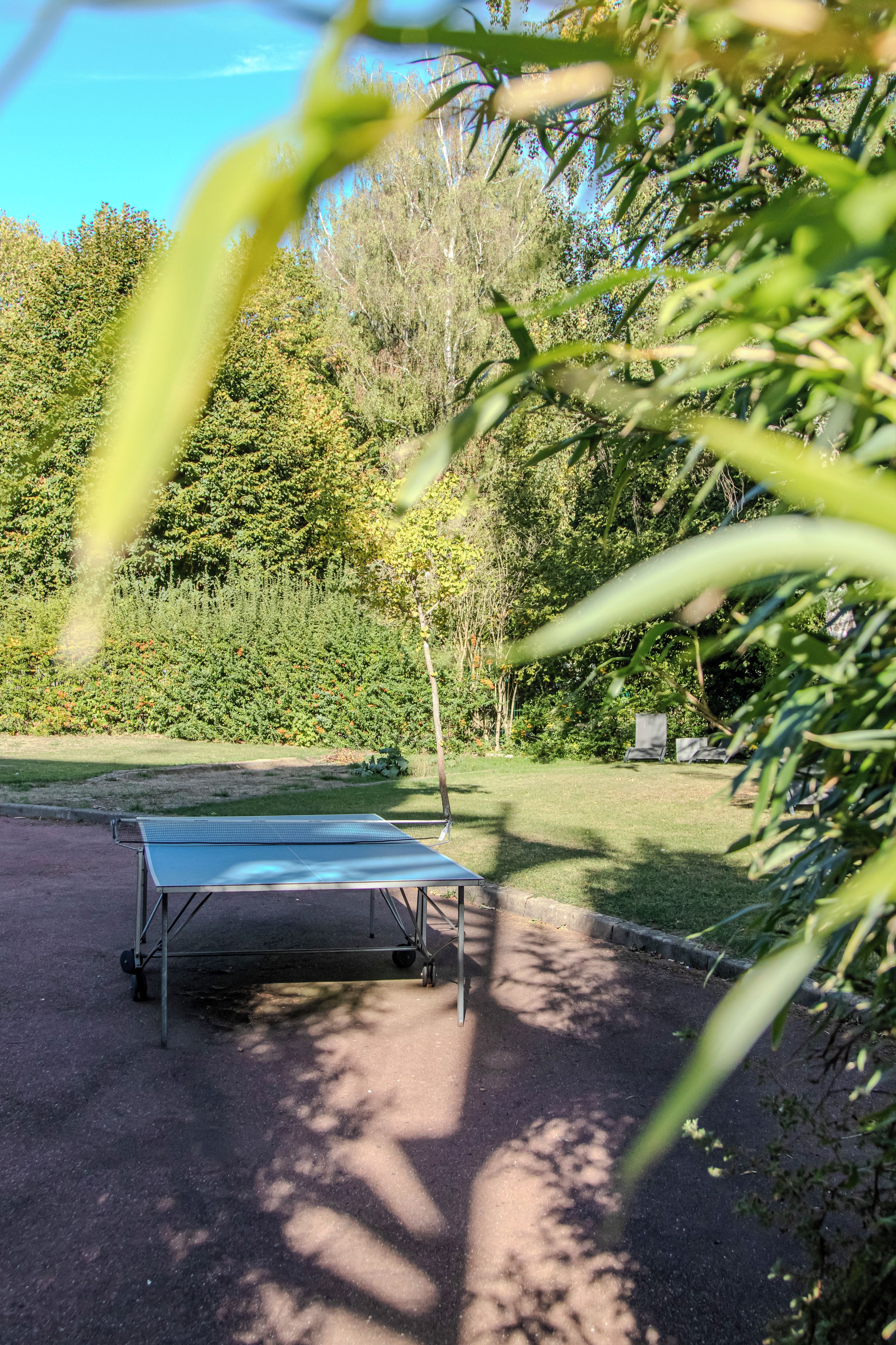A table tennis table in a park with trees and grass around.