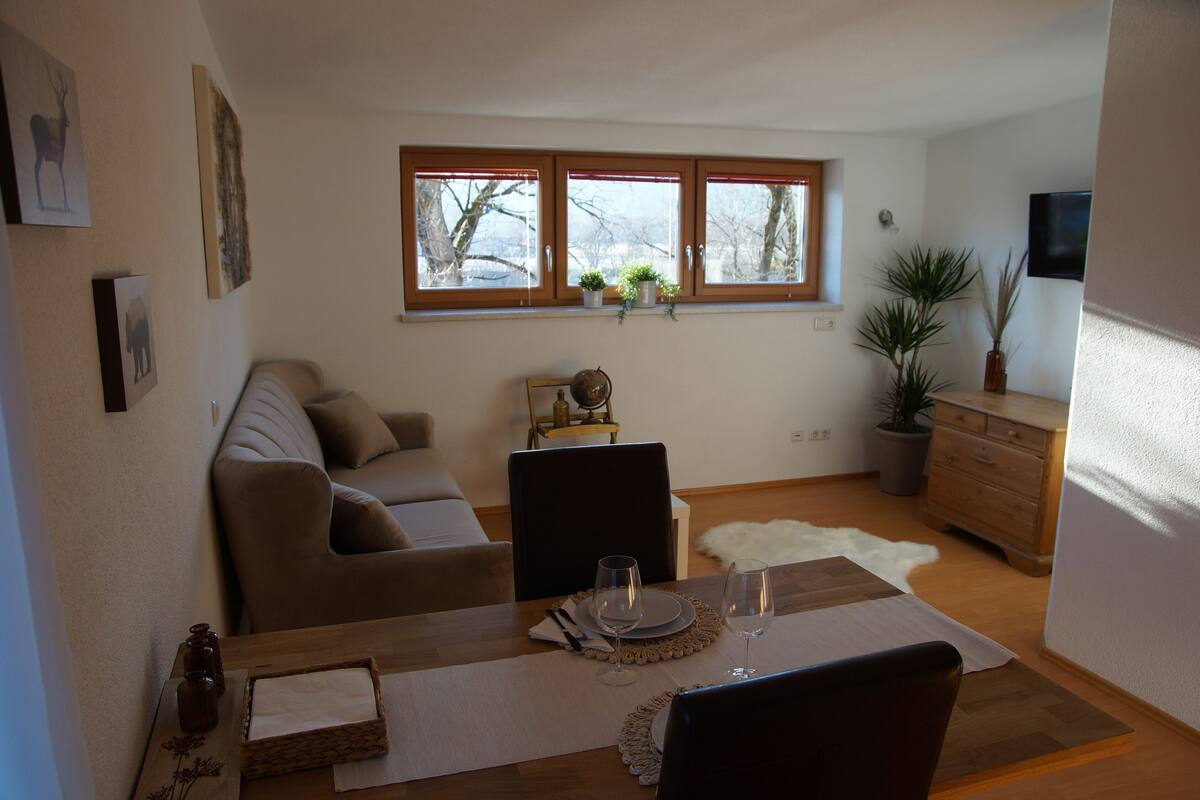 Un salón con sofá, una mesa de comedor con platos y vasos, un aparador de madera y una ventana con plantas.