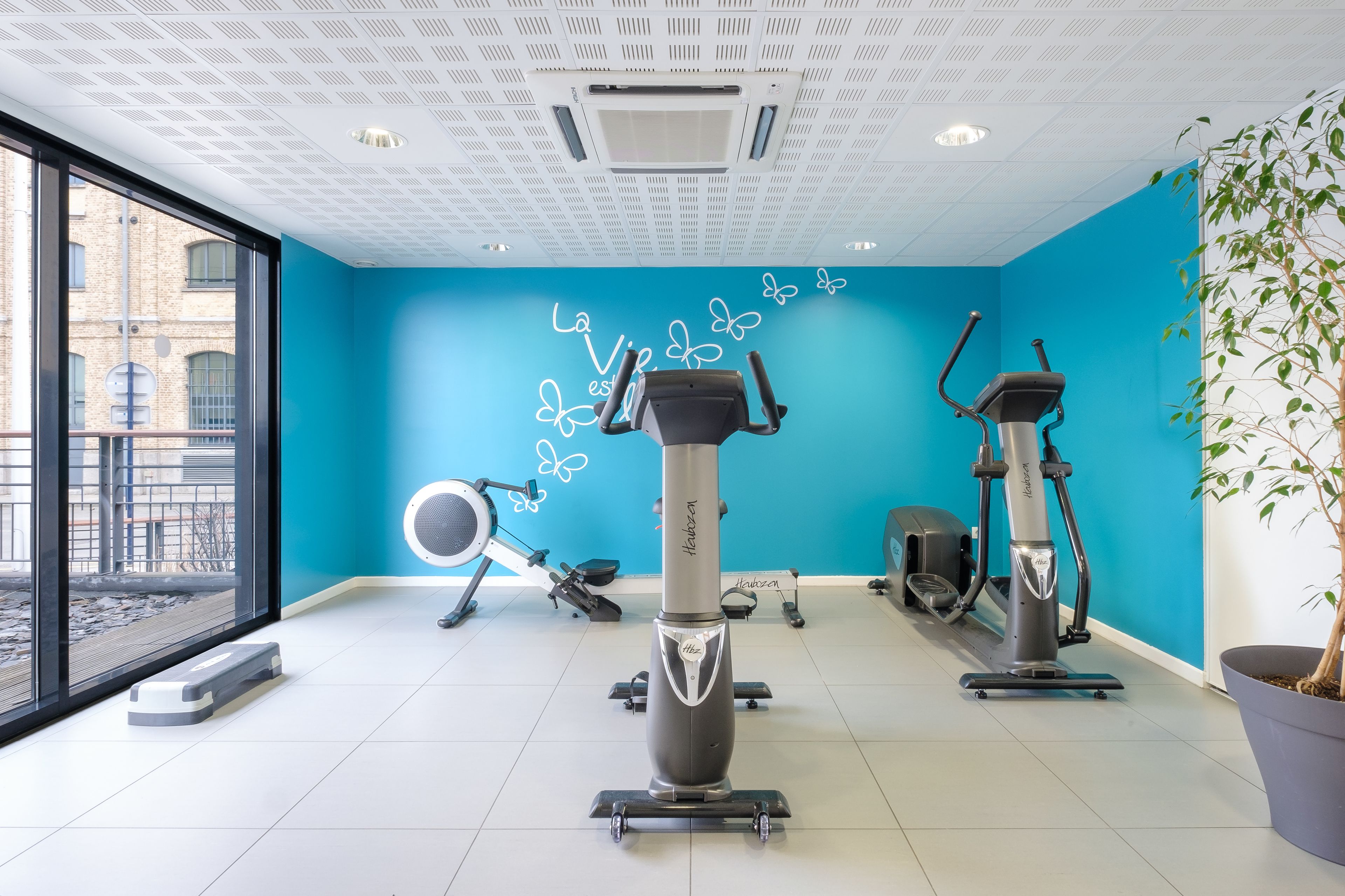 A gym with exercise equipment, a blue wall, and a large window.