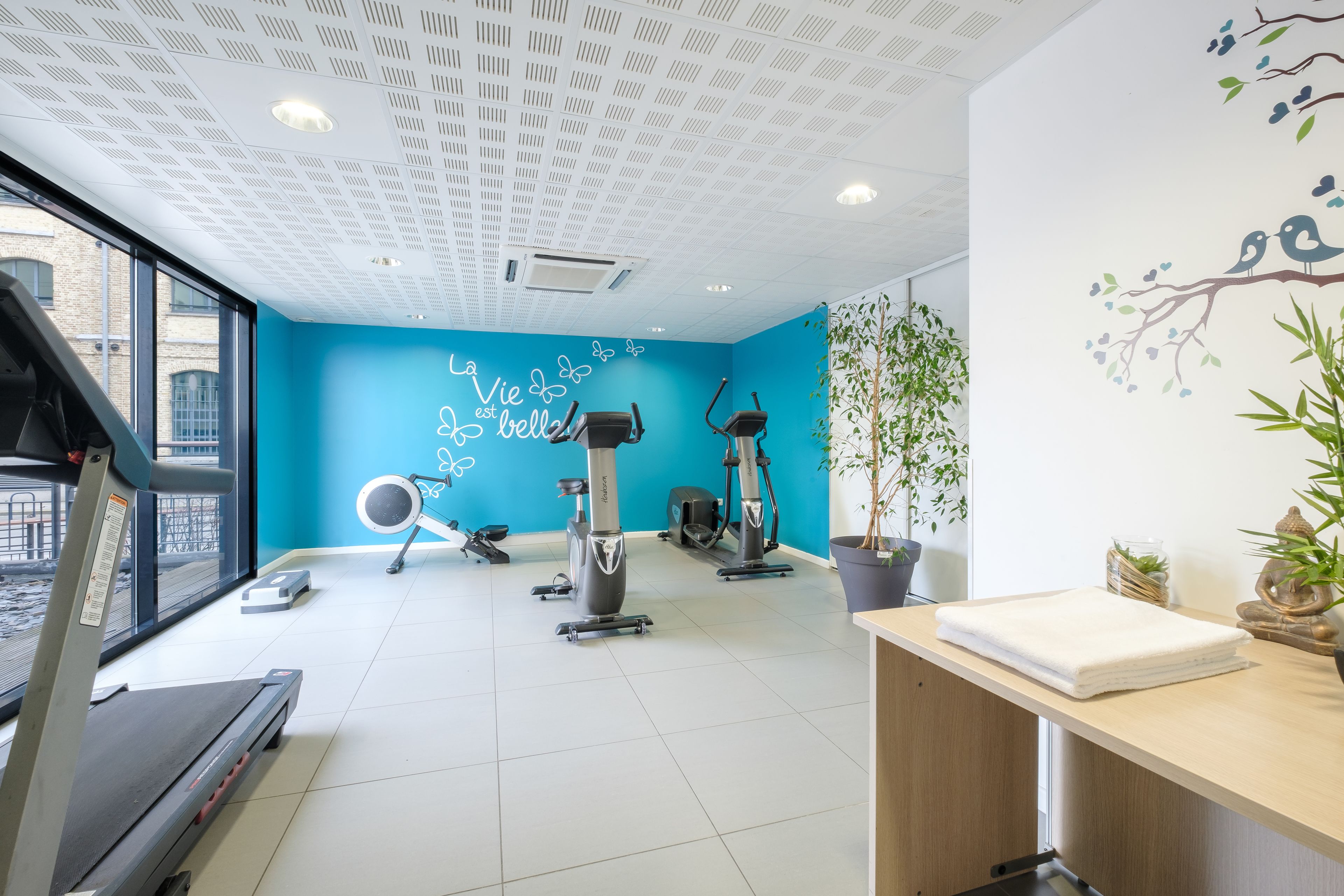 A gym with exercise equipment, a blue wall with motivational text, and a large window.