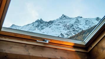 Ein Fenster mit Blick auf schneebedeckte Berge.