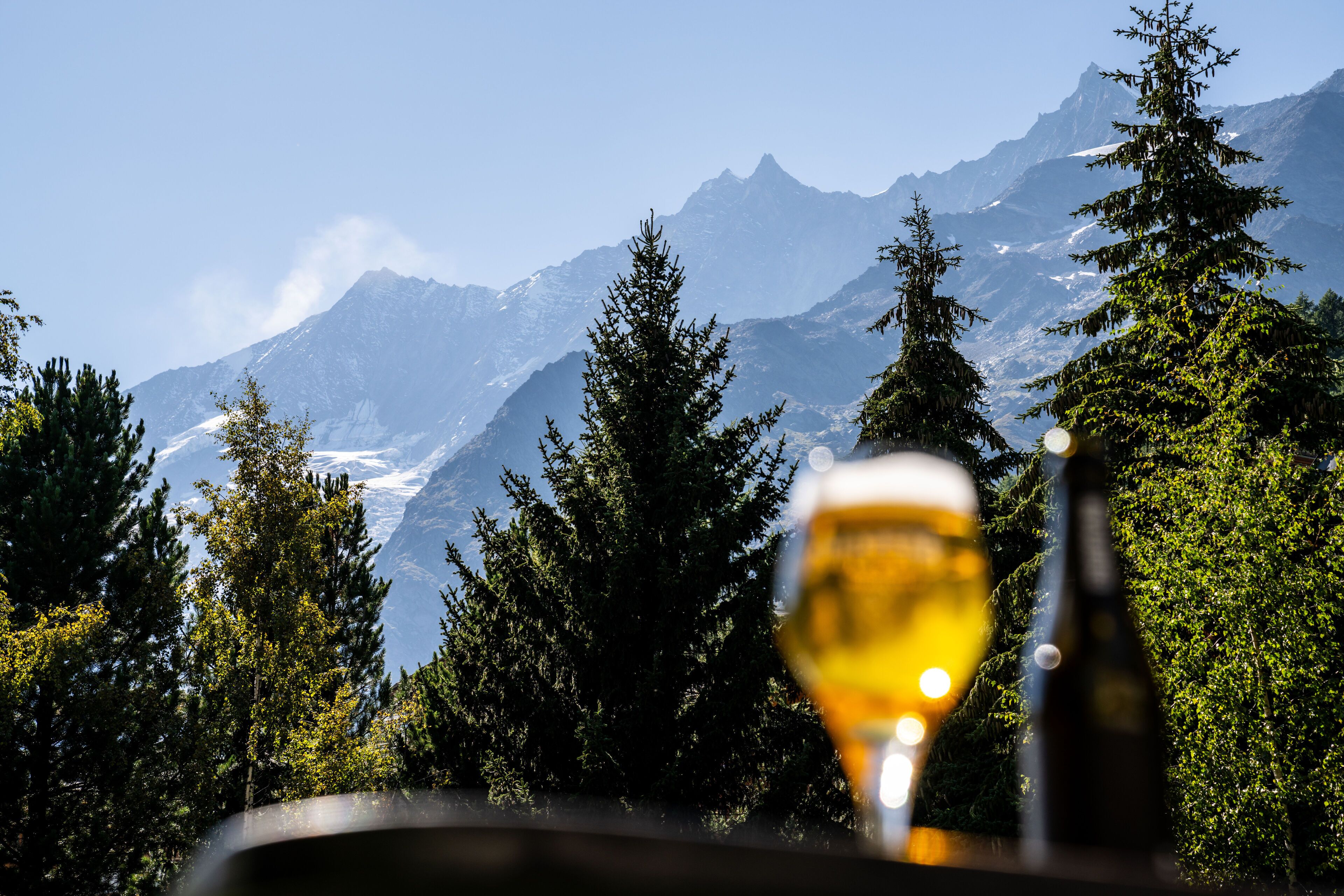 A mountain landscape with a glass of wine and a bottle in the foreground.