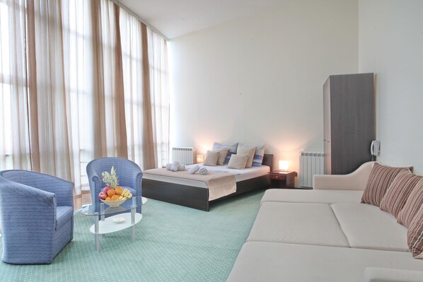 Suite, 1 cama matrimonial y sofá cama | Minibar, caja de seguridad en la habitación y escritorio 