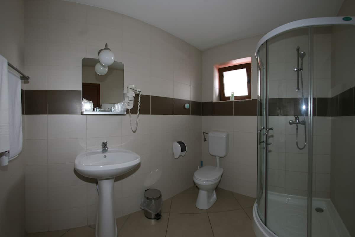 combined shower/bathtub, rainfall showerhead, hair dryer, slippers