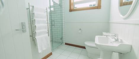 A modern bathroom with a glass shower enclosure, a toilet, and a sink.