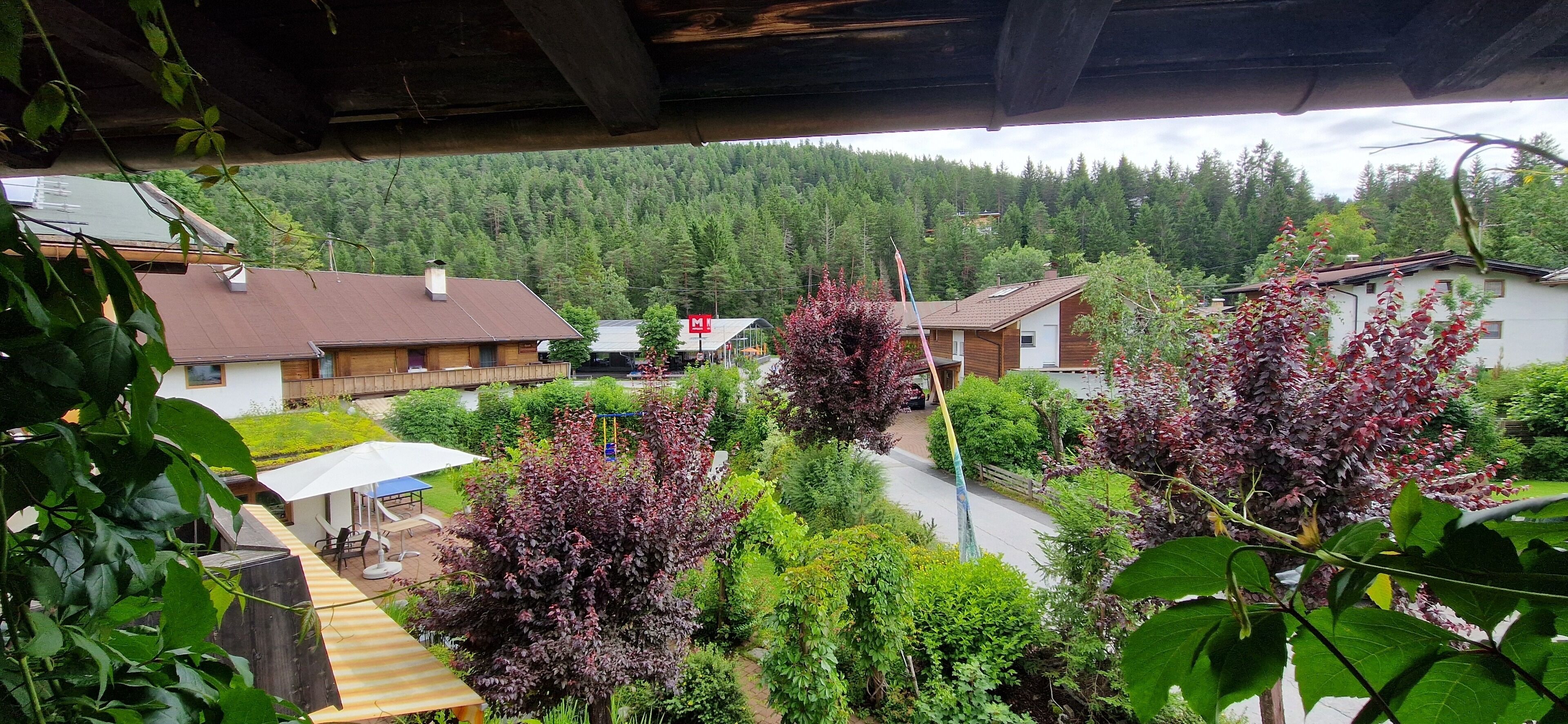 Un quartiere residenziale con case, un piccolo edificio con un cartello rosso e vegetazione lussureggiante.