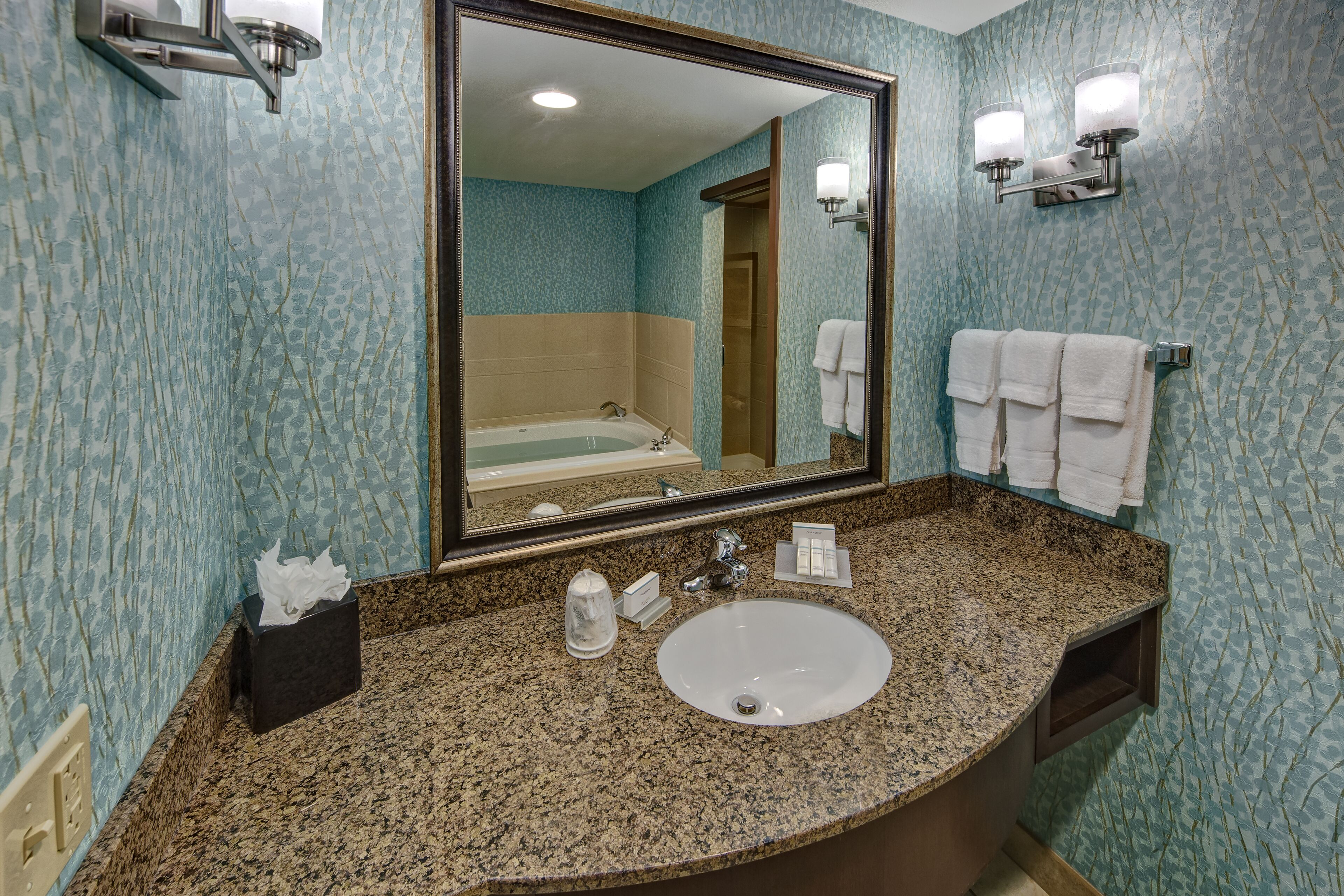 designer toiletries, hair dryer, towels, soap